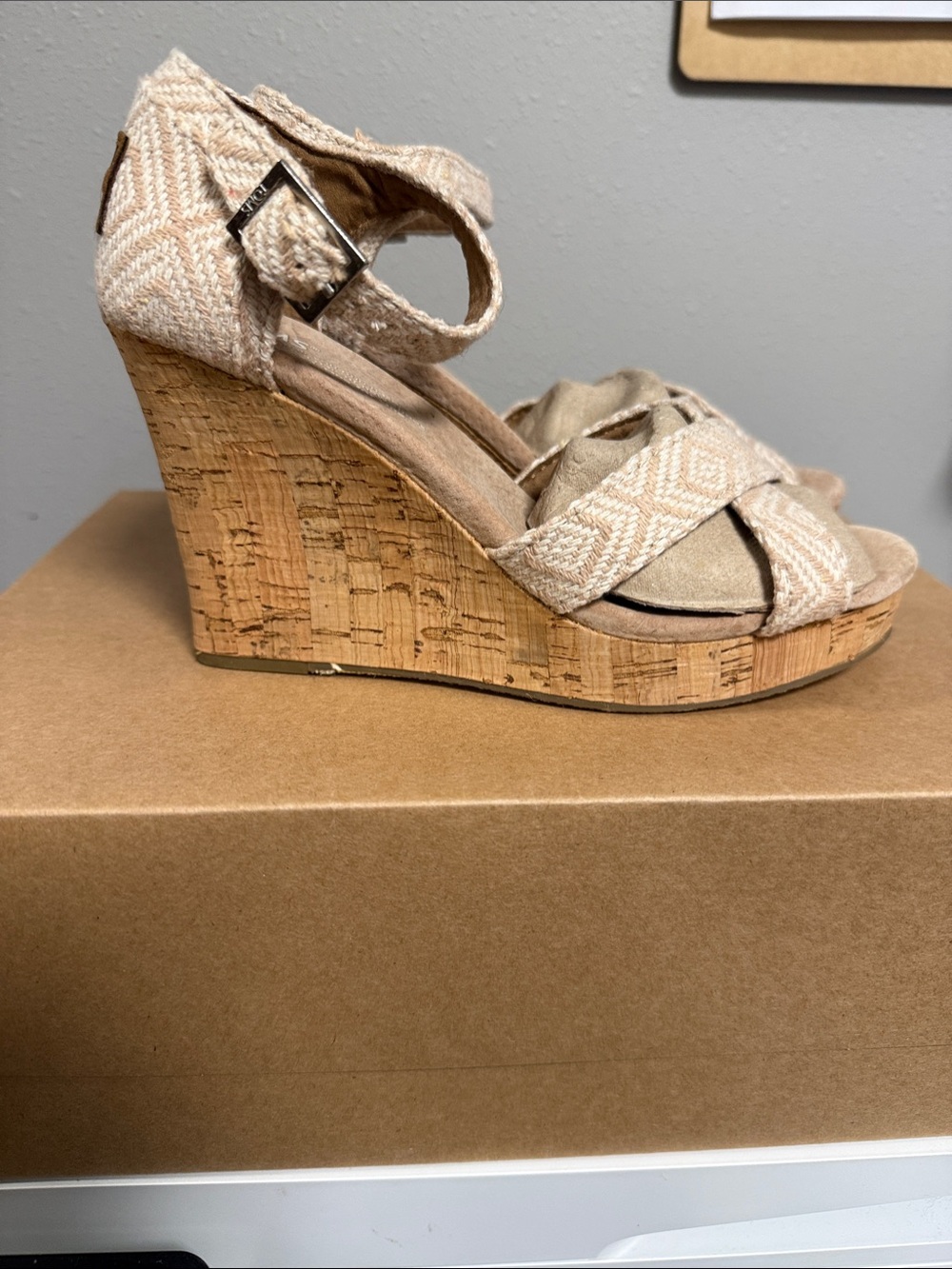 Toms Natural Beige Woven Cork Wedge Sandals